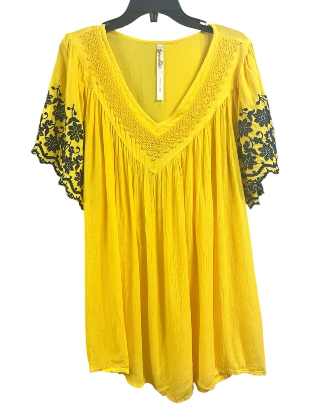 Shoreline Yellow V-Neck Tunic with Navy blue Floral Sleeve Embroidery
